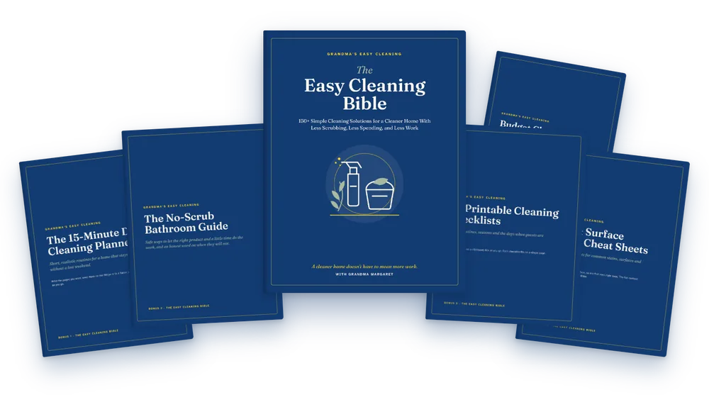 The Easy Cleaning Bible with its five bonus printables: the planner, the No-Scrub Bathroom Guide, the shopping list, the cheat sheets and the checklists.