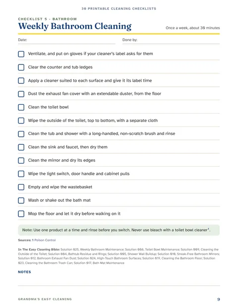 A printable checklist: Weekly Bathroom Cleaning